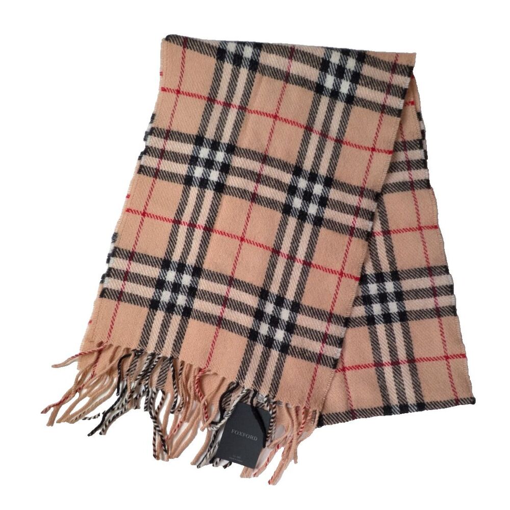 NEW Foxford Lambswool Scarf Camel Tarten Check Fringe 12x71